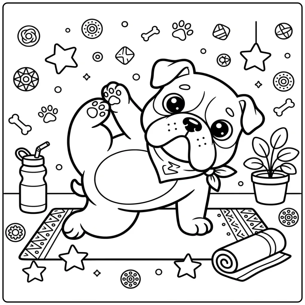 Grappige puppy stretch voor kleurplaat bulldog.