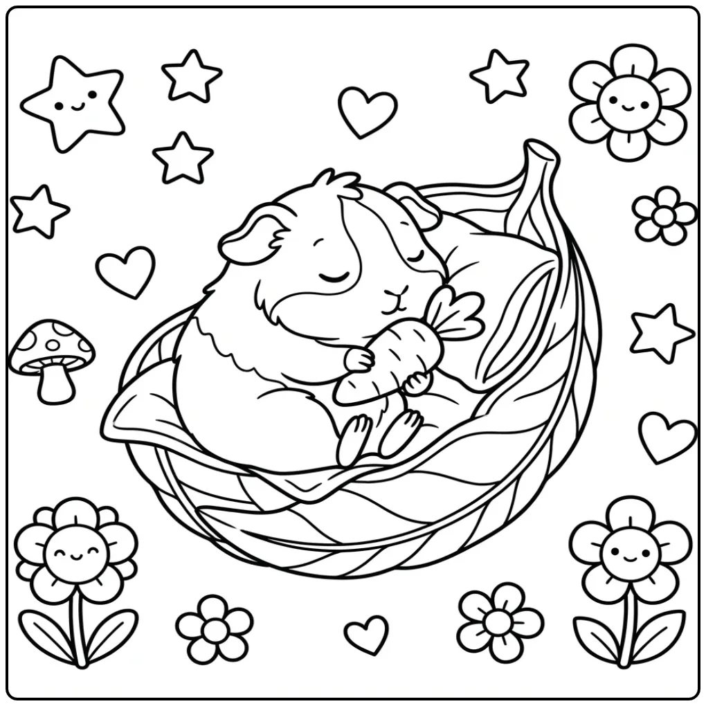 Slapende kleurplaat cavia baby met wortelknuffel en sterren