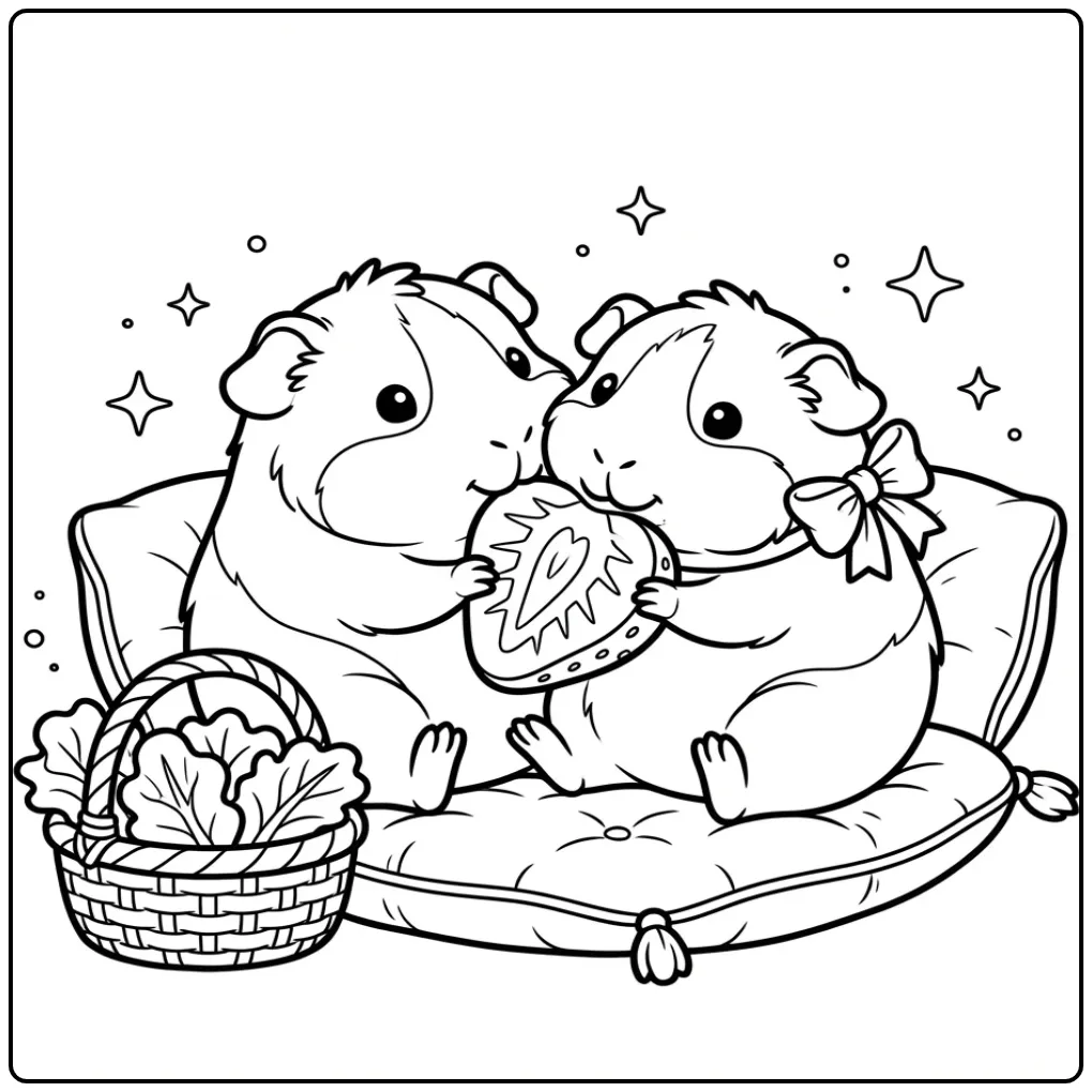 Lieve kleurplaat cavia baby knuffelend met een grote aardbei.