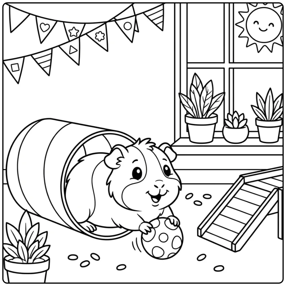 Vrolijke kleurplaat cavia baby met bal en tunnel.