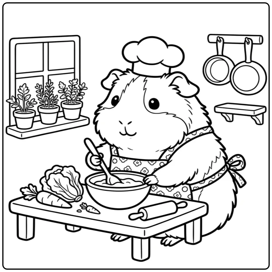 Kleurplaat cavia die kookt in een gezellige keuken.