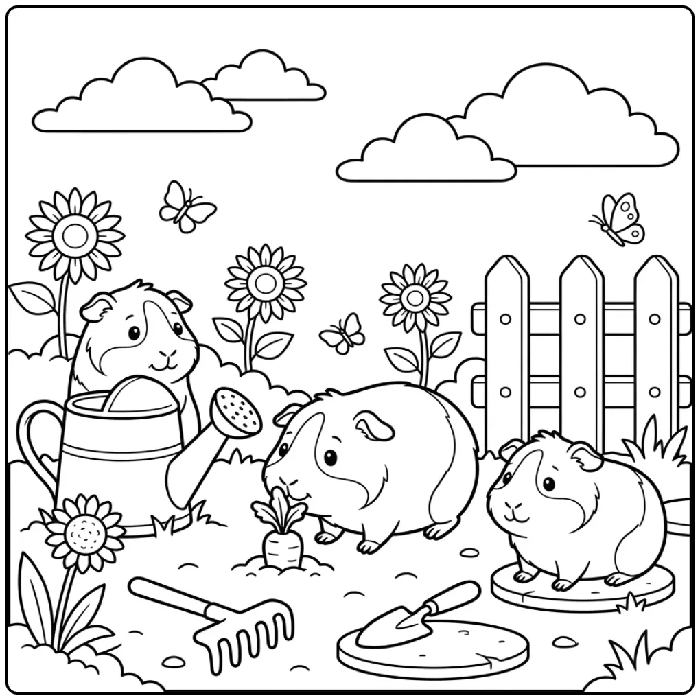 Leuke kleurplaat cavia's in de tuin met groenten en bloemen