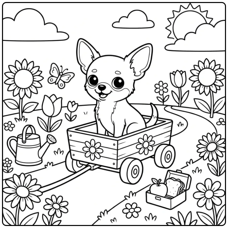 Vrolijke kleurplaat chihuahua getrokken in een kleine kar.