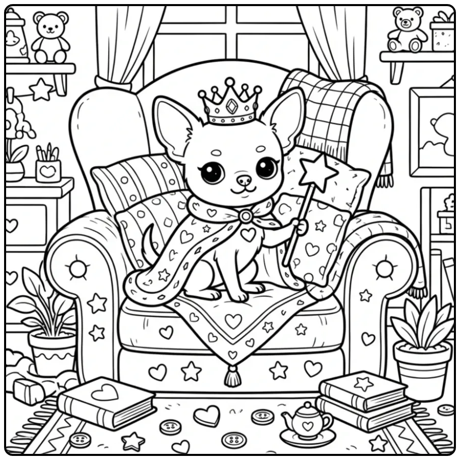 Een vrolijke kleurplaat chihuahua met kroon en toverstaf.