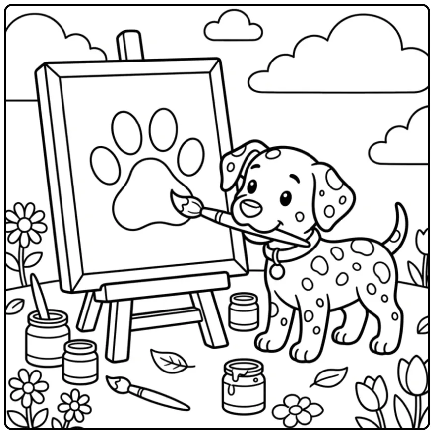 Creatieve kleurplaat dalmatier met verfkwast en ezel
