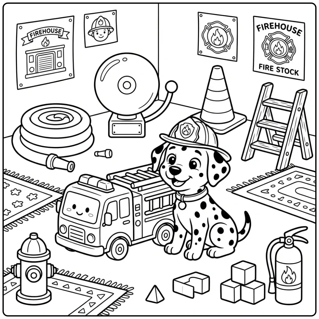 Vrolijke kleurplaat dalmatier puppy bij een brandweerauto.