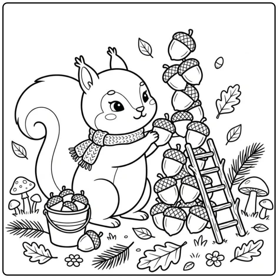 Een leuke kleurplaat eekhoorn met sjaal die eikels stapelt.