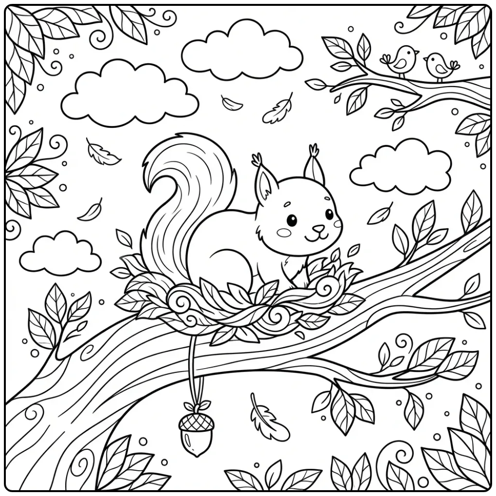 Kleurplaat eekhoorn maakt een nest in de boomtak.