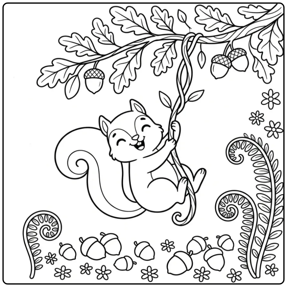 Een kleurplaat eekhoorn die vrolijk aan een liaan slingert.