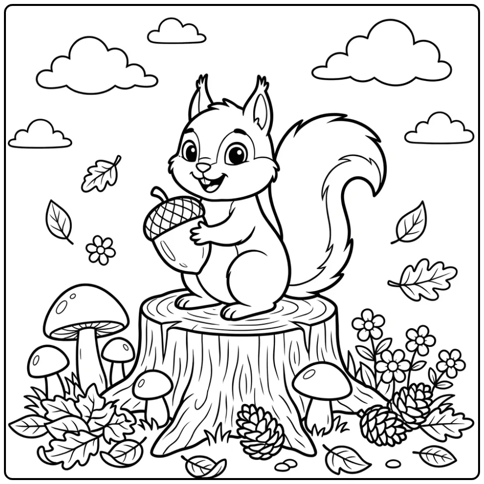 Kleurplaat eekhoorn in herfstbos met paddenstoelen en bladeren