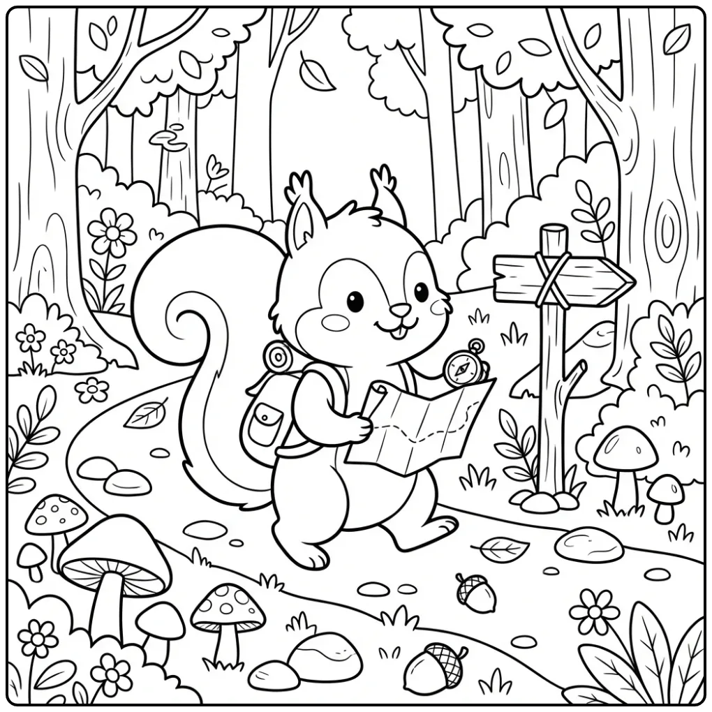 Avontuurlijke kleurplaat eekhoorn met kaart in het bos.