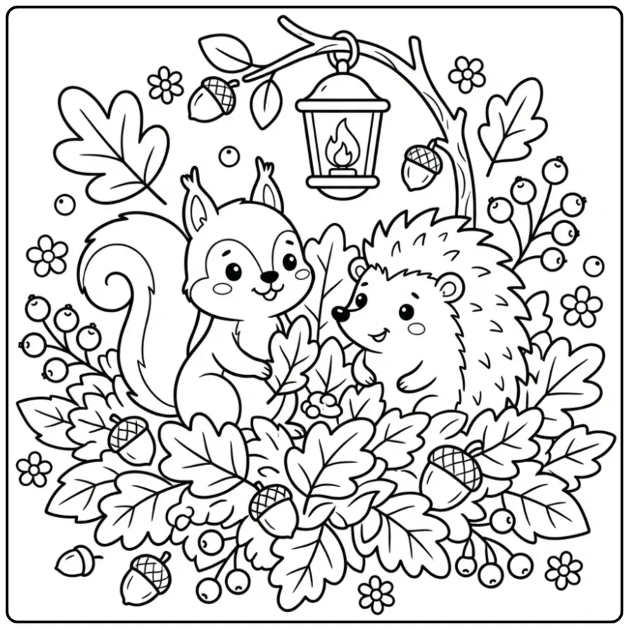 Een leuke kleurplaat eekhoorn en egel in de herfstbladeren.