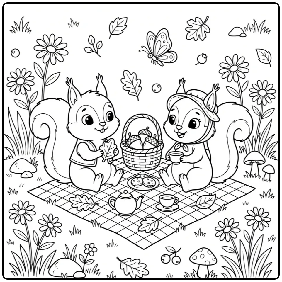 Leuke kleurplaat eekhoorn picknickt met een vriendje.