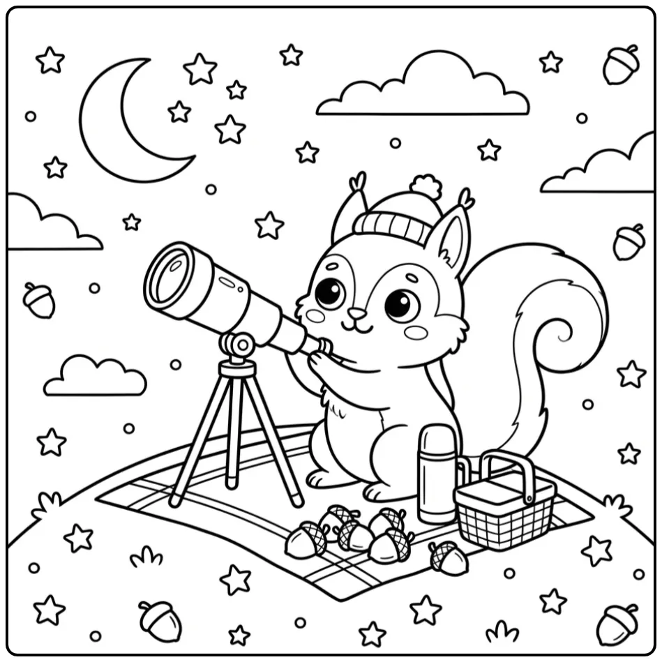 Kleurplaat eekhoorn met telescoop onder de sterren.