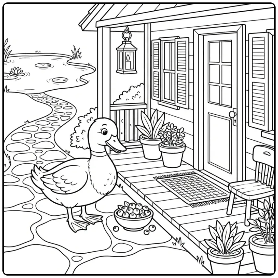 Vrolijke kleurplaat eend op een veranda met plantjes.