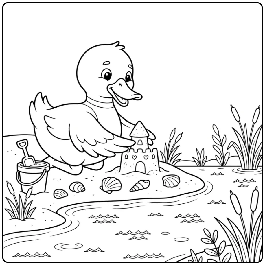 Kleurplaat eend met emmer en schepje op het strand.