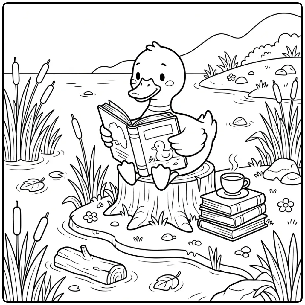 Een leuke kleurplaat eend op een boomstronk met boeken