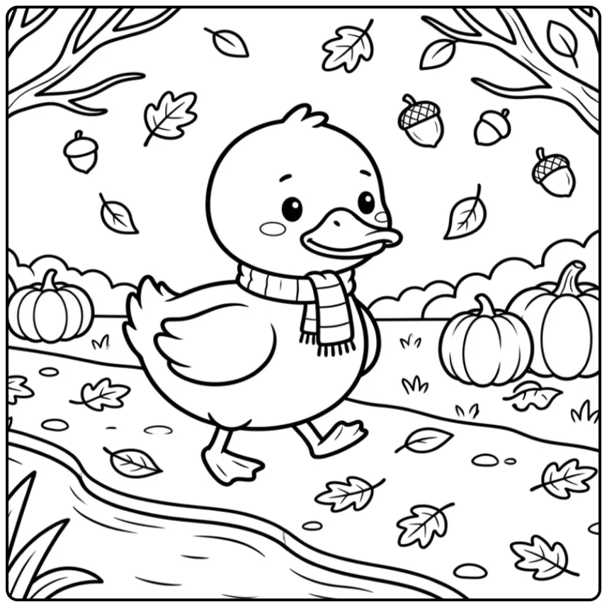 Kleurplaat eend met sjaal wandelt langs herfstbladeren.