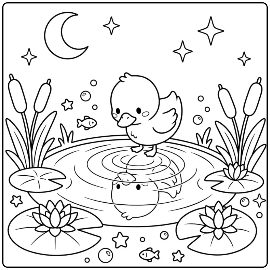 Dromerige kleurplaat eend in vijver met riet en sterren.