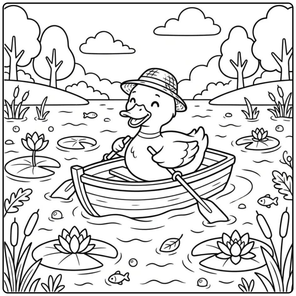 Vrolijke kleurplaat eend in een roeiboot met strohoed.