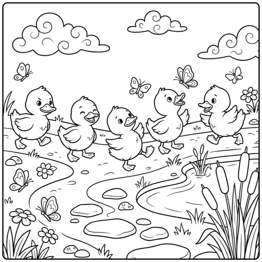 Kleurplaat eendjes die in een rij lopen met vlinders.