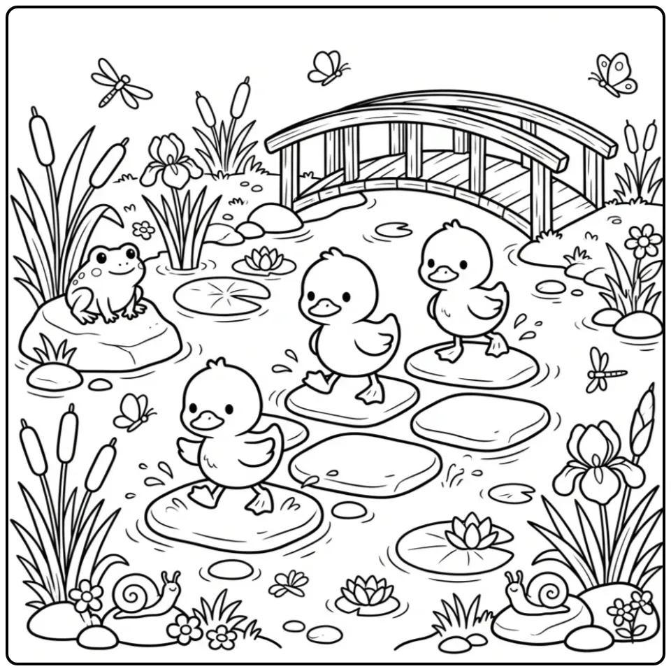 Kleurplaat eendjes die hinkelen op stenen in de rivier.