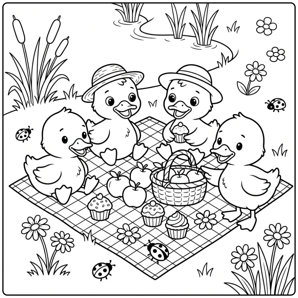 Vrolijke kleurplaat eendjes die samen gezellig picknicken.