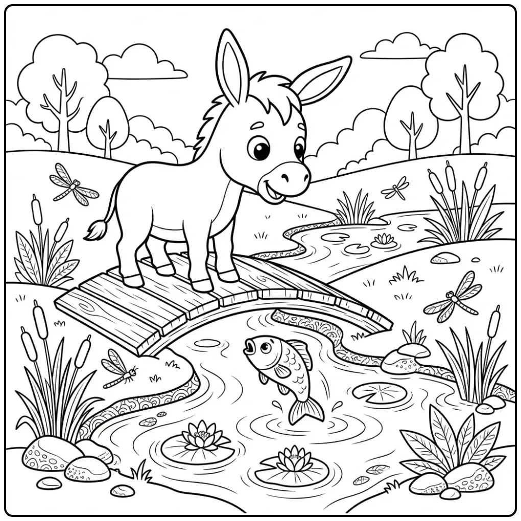 Leuke kleurplaat ezel op een brug met een springende vis.