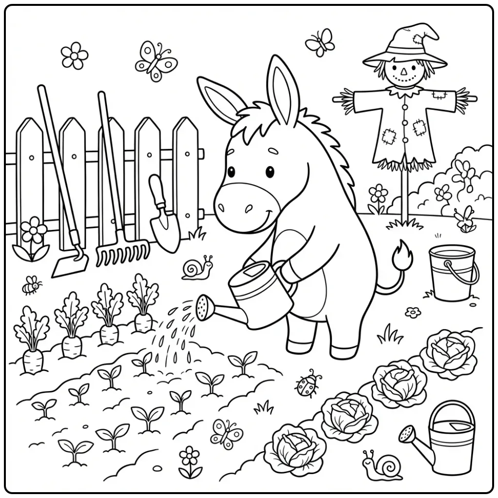 Kleurplaat ezel die plantjes water geeft in de moestuin.