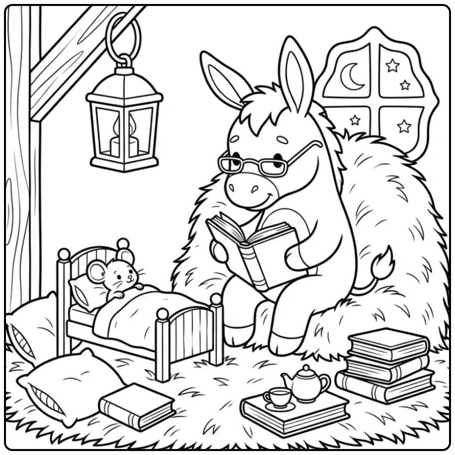 Kleurplaat ezel leest een verhaaltje voor aan een muis.