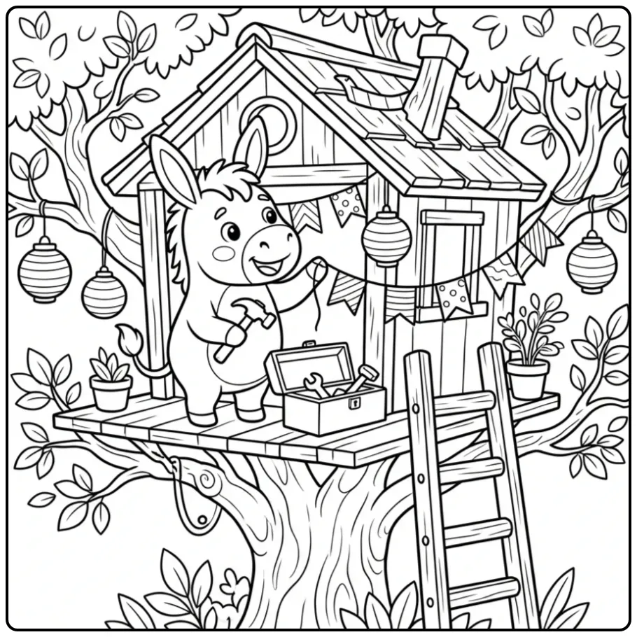 Een vrolijke kleurplaat ezel versiert een boomhut met lantaarns.