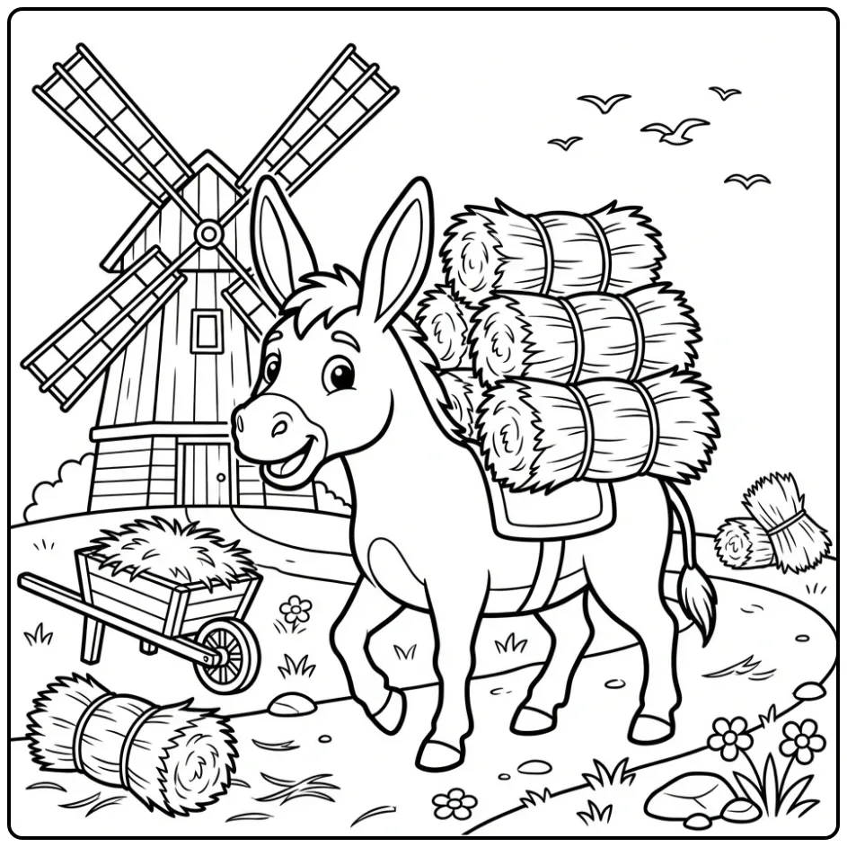Een leuke kleurplaat ezel draagt bundels hooi bij een molen.