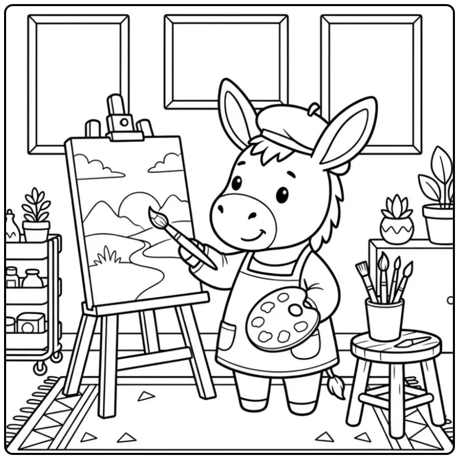 Artistieke kleurplaat ezel die een schilderij maakt.