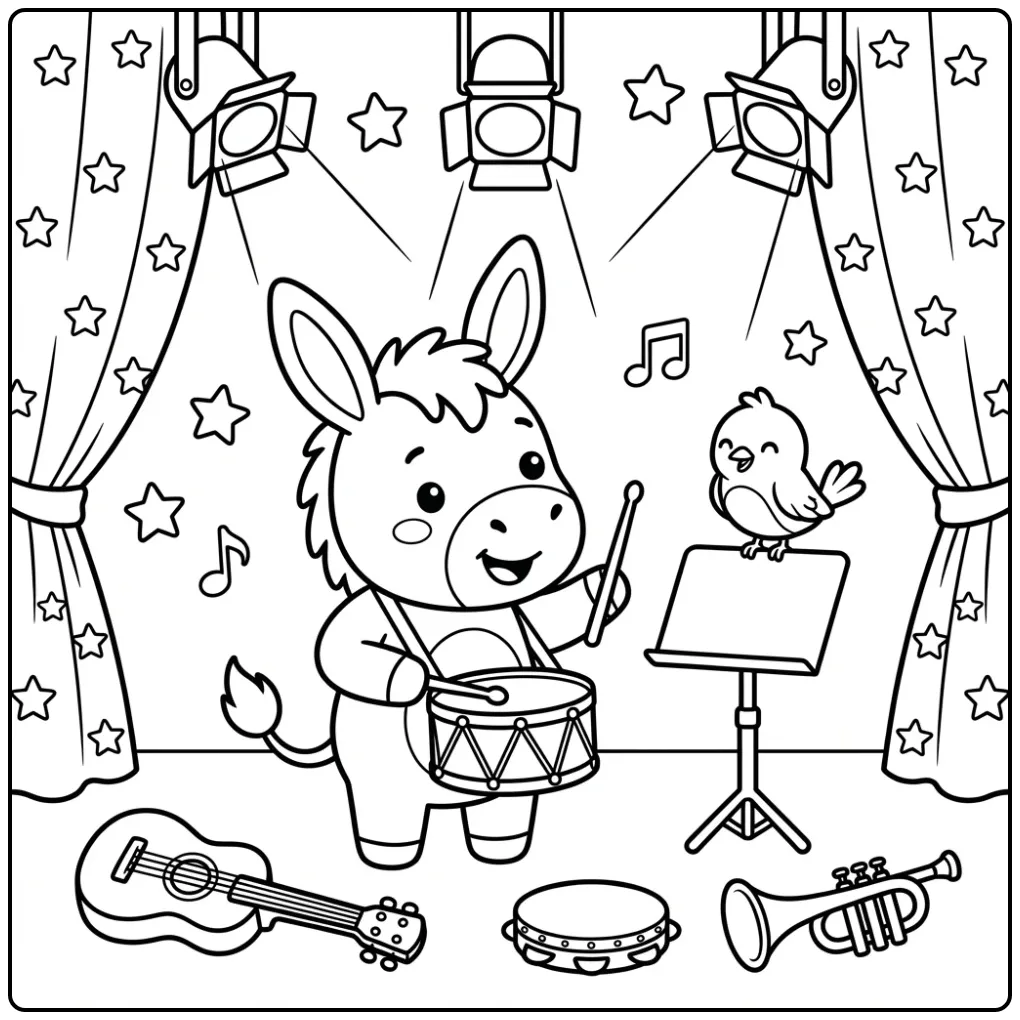 Een vrolijke kleurplaat ezel die op een trommel slaat.