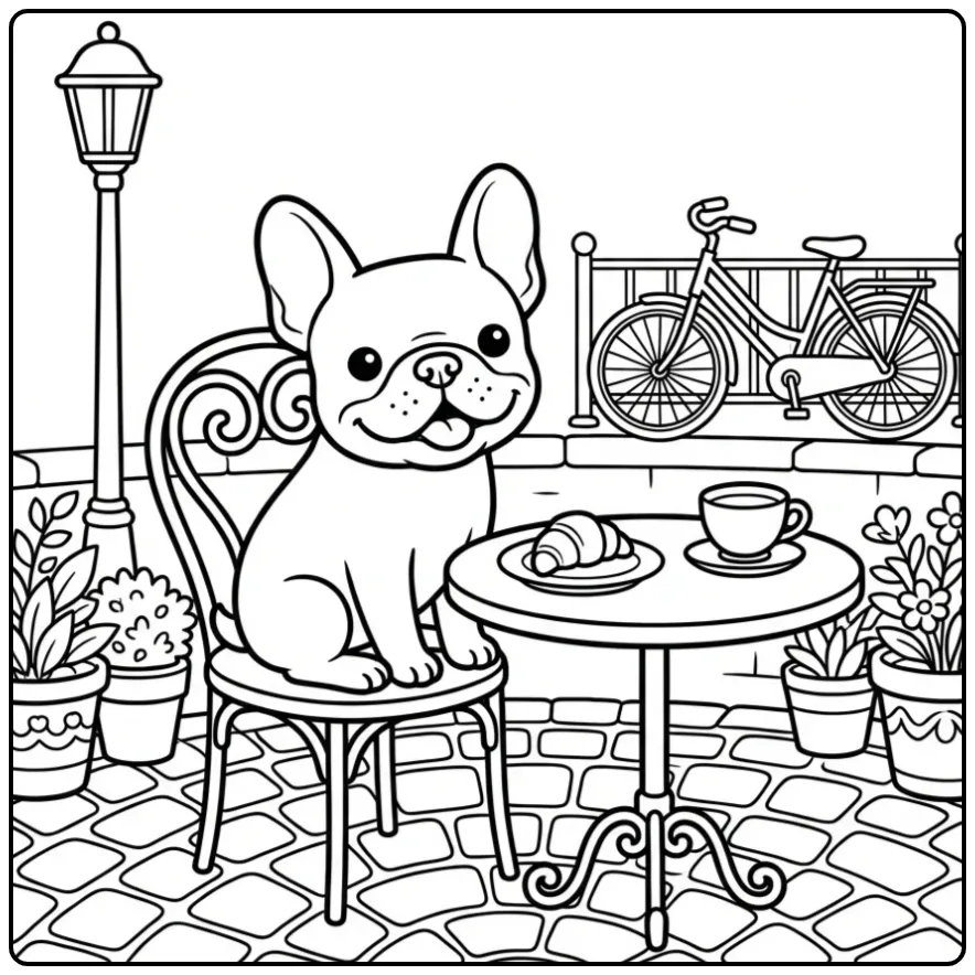 Een leuke kleurplaat franse bulldog met croissant en thee.