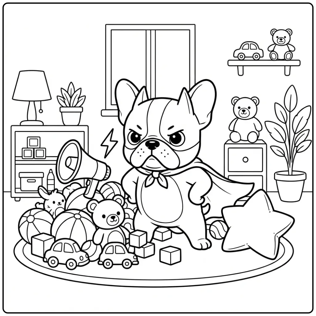 Een leuke kleurplaat franse bulldog met cape en masker.