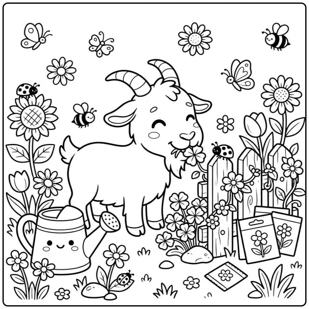 Vrolijke kleurplaat geit die klaver eet bij een tuinhek.