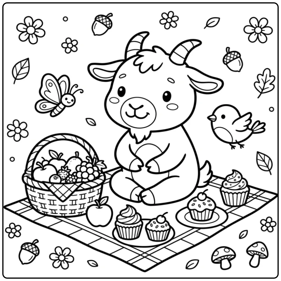 Kleurplaat geit op een picknickkleed met mand en cupcakes.