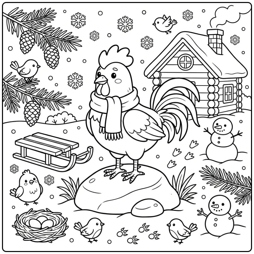 Winterse kleurplaat haan met sjaal en slee in de sneeuw.