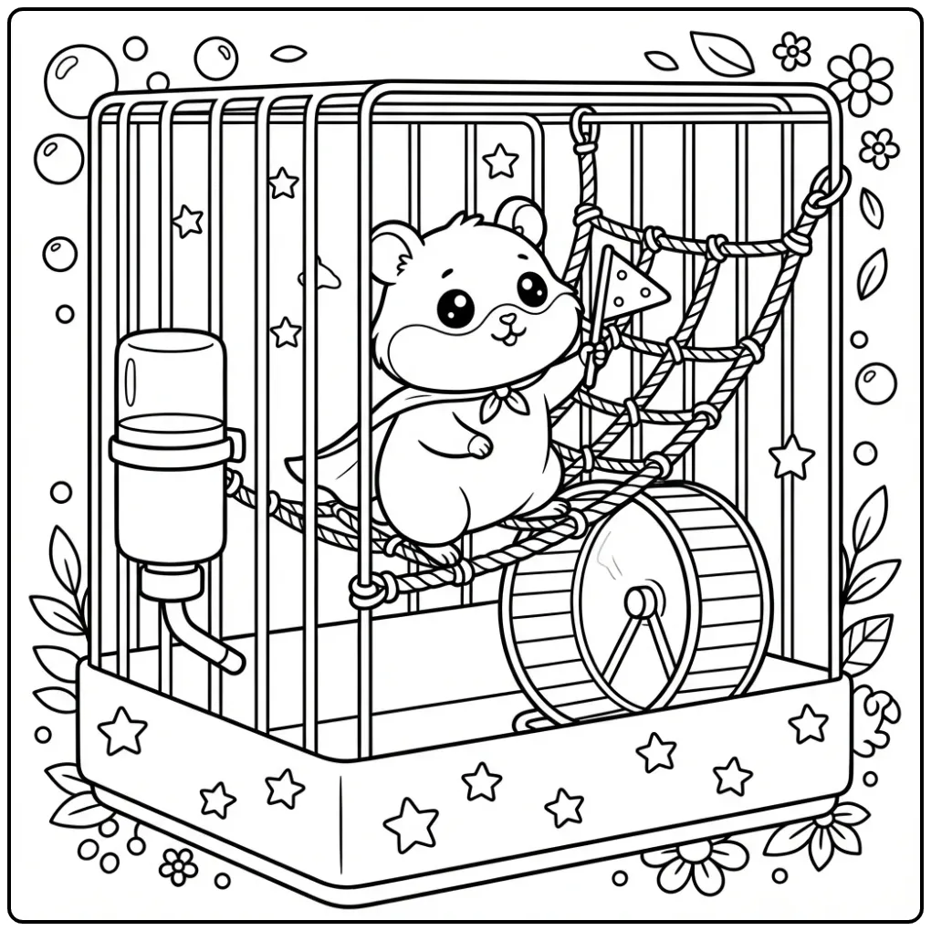 Een leuke kleurplaat hamster in kooi die dapper klimt.