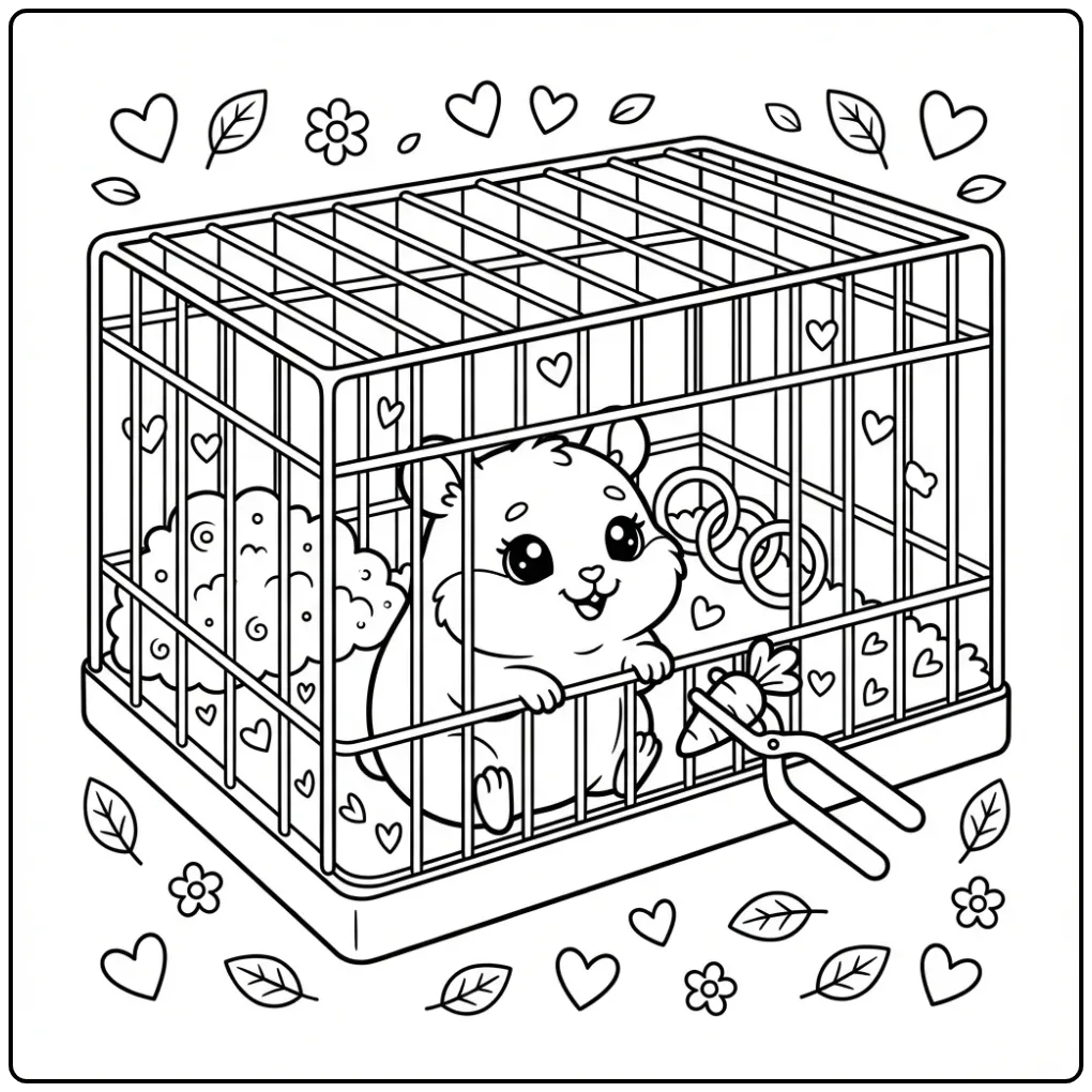 Leuke kleurplaat hamster in kooi die een worteltje krijgt.