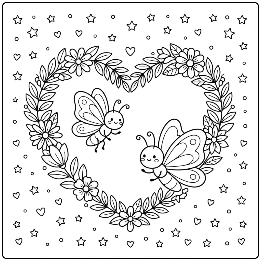 Vrolijke kleurplaat hartjes en vlinders om in te kleuren.