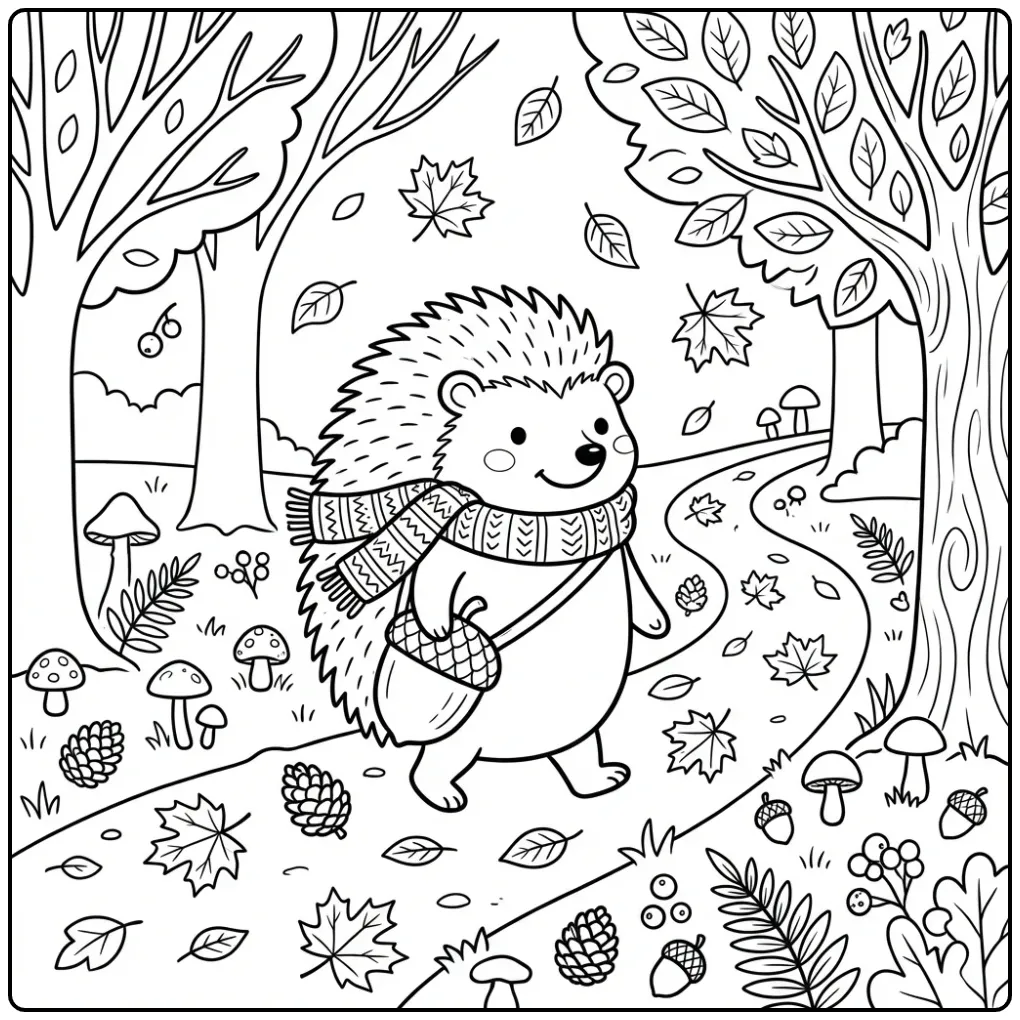 Een vrolijke kleurplaat herfst egel met sjaal in het bos.