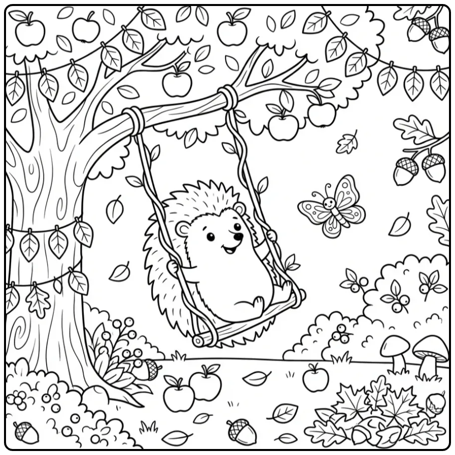 Speelse kleurplaat herfst egel onder een appelboom