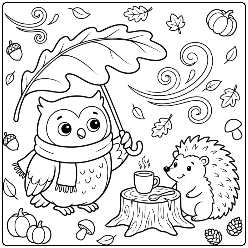 Mooie kleurplaat herfst uil met paraplu en een egel.