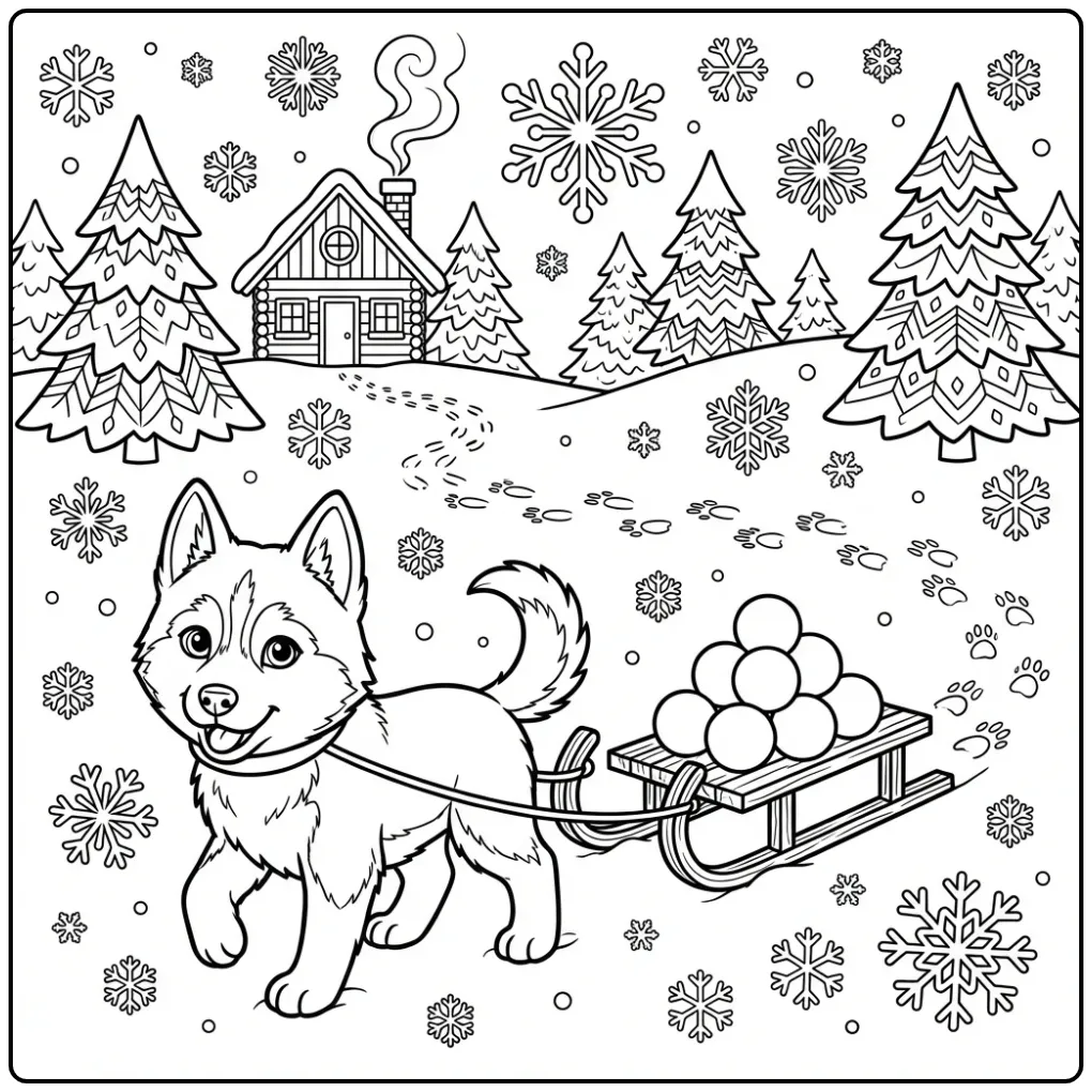 Vrolijke kleurplaat husky trekt slee vol sneeuwballen.