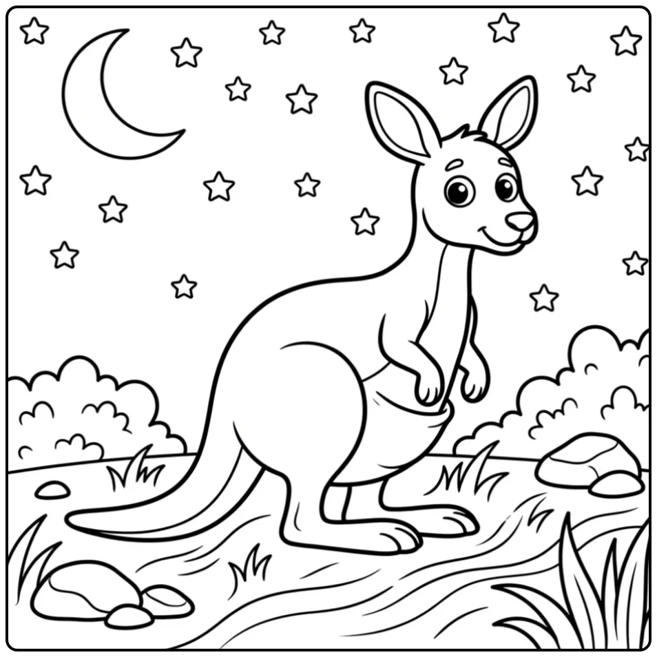 Een leuke kleurplaat kangoeroe onder een sterrenhemel en maan.