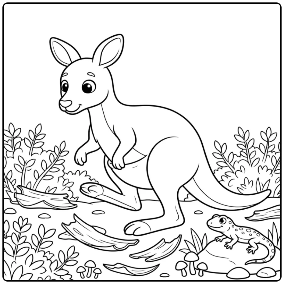 Een gedetailleerde kleurplaat kangoeroe in het struikgewas.