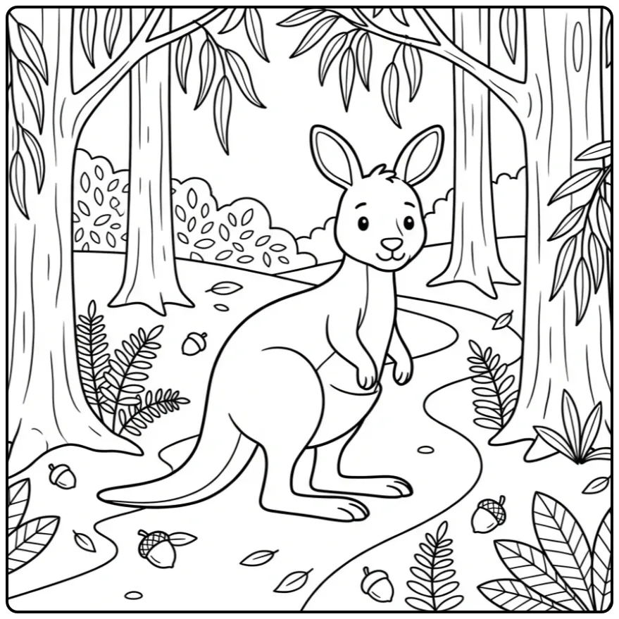 Leuke kleurplaat kangoeroe in een eucalyptusbos.