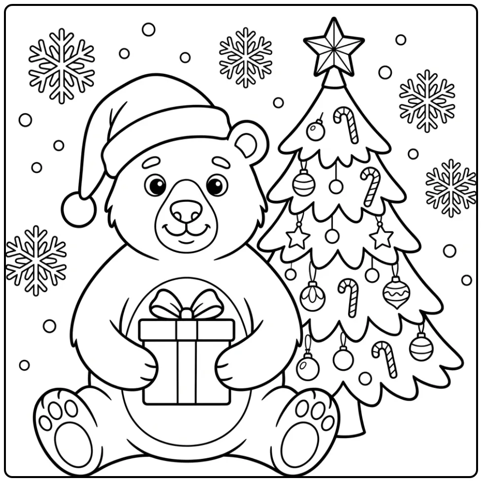 Vrolijke kleurplaat kerst beer met muts en cadeau.